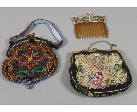 A vintage needlepoint ladies evening bag, a similar beadwork bag and a paste set faux tortoiseshell hair comb. 