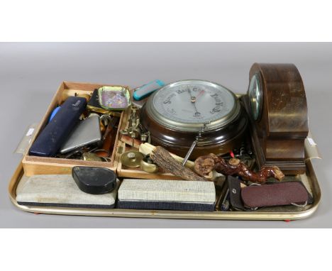A tray of various collectables to include mantel clock, barometer, corkscrews etc.