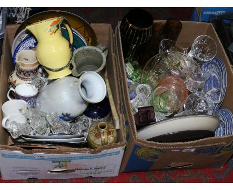 Two boxes of miscellaneous ceramics and glass to include Burleigh ware lidded jug, Broadhurst blue and white Ironstone dinner