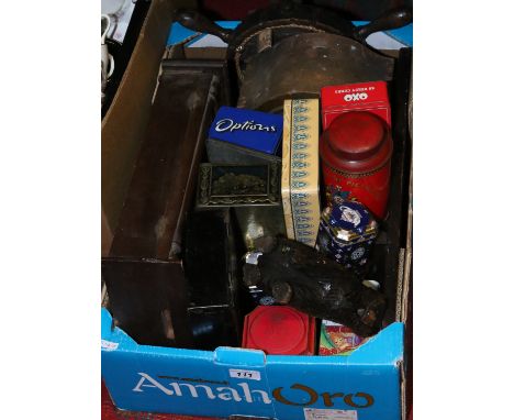 A box of wooden items and old tins to include wall barometer in the form of a ships wheel, Perivace walnut cased mantel clock