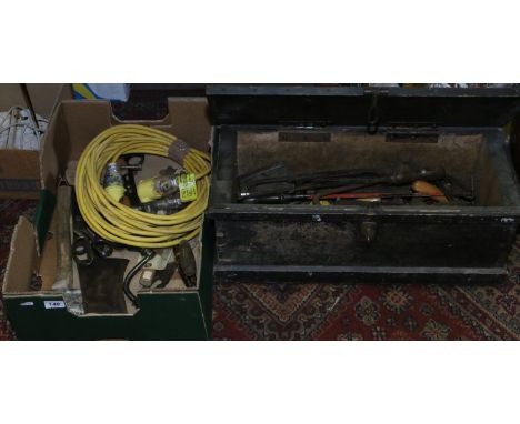 A pine tool box and contents of various tools, along with a box of vintage brace, axe heads and 110 volt power lead.