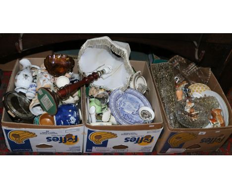 Three boxes of mixed china and glass to include Royal Worcester examples along with a table lamp.