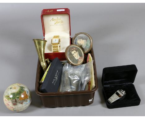 A box of collectables including wristwatch, French World War I fuse heads and miniature globe etc.