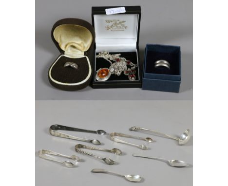 A collection of mixed silver flatware and items of silver jewellery including amber and garnet pieces, 199 grams gross weight