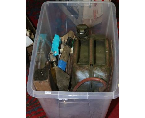 A collection of various hand tools and iron mongery along with a jerry can.