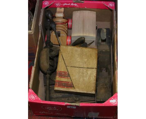 A box and contetns of old joinery tools and cased cutlery along with a childs toy.