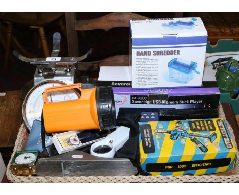 A tray of various household items to include USB stick player, hand drill, wood plane, scales etc.