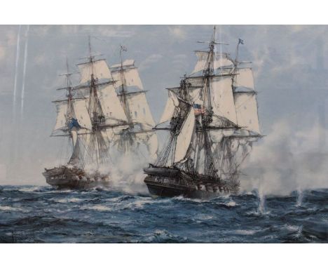 A framed print of a galleon under fire.