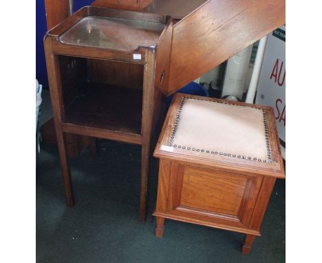 A mahogany bedside cabinet (door detached).&nbsp; Plus a pad top commode with ceramic liner.