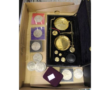 A silver 1977 Jubilee medal &amp; various Crowns, incl 1977 &amp; Churchill &amp; cased scales