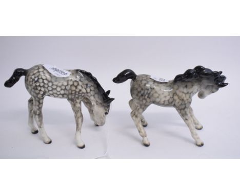 A Beswick Foal, medium, head down, rocking horse grey, 1085, and another, grazing, 2nd version, rocking horse grey, 946, both