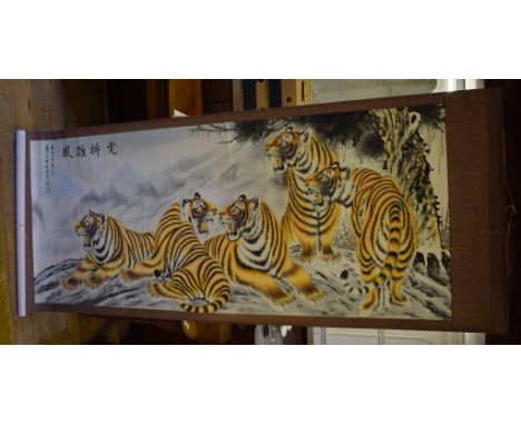 A Chinese hanging scroll painting, 20th century, of five tigers, watercolour, Chinese character marks, 102 x 270 cm