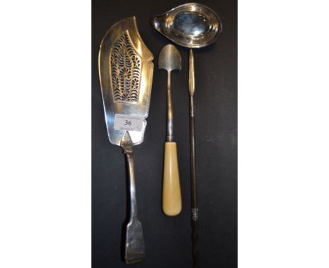 A George III silver fiddle pattern fish server, London 1813, approx. 5.0 ozt, a silver and ivory stilton scoop, Birmingham 18