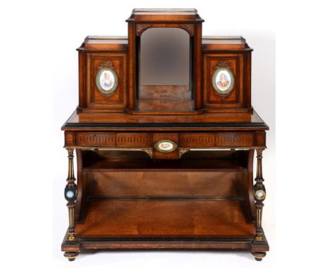 A bonheur du jour, veneered in amboyna, with inlaid decoration, and applied oval porcelain panels, decorated figures and foli