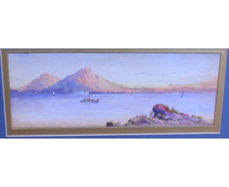H Beck, a lake scene with a steam boat, watercolour, signed, 12.5 x 34 cm, a tile, painted flowers and foliage, 53.5 x 23 cm,