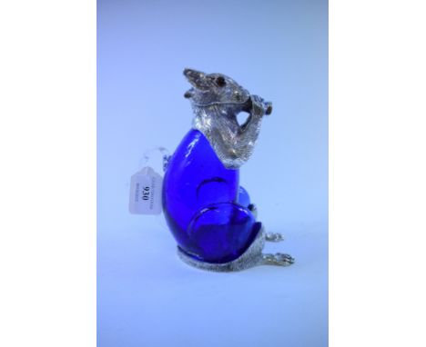 A blue glass decanter, in the form of a squirrel, with plated mounts, 18 cm high   Condition report  Modern