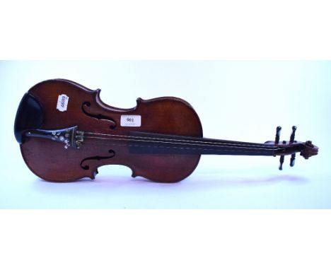 A violin, with a 14 inch two piece back, the tailpiece inlaid with mother of pearl