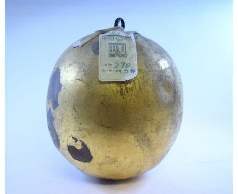 A set of three gilt metal spheres, from a pawn broker's shop sign, each approx. 23 cm diameter, several dents, and a bracket,