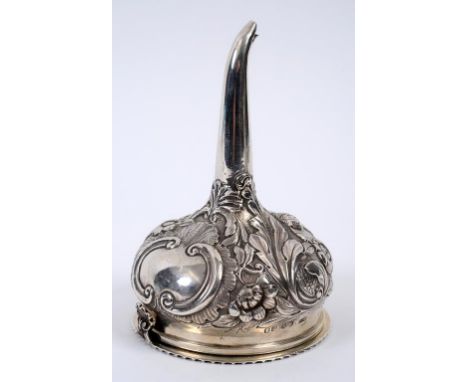 An early 19th century silver wine funnel, embossed flowers and foliage, London 1828, approx. 5.5 ozt  See illustration   Cond