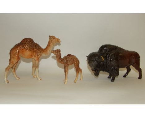 A Beswick Bison, 1019, a Camel, 1044, and a Camel Foal, 1043, all gloss (3) 