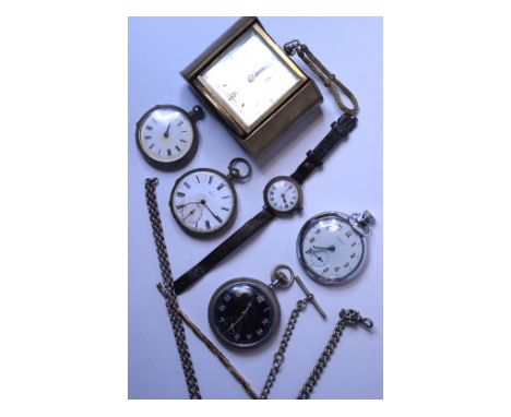 A military Elgin open face pocket watch, with a black dial, Arabic numerals and subsidiary seconds dial, a silver Albert chai