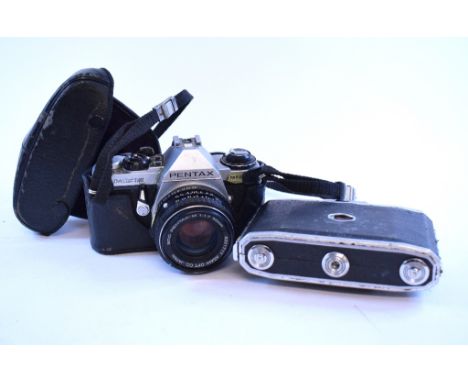 A Pentax ME Super SLR camera, another camera, doll's house furniture, silver plate and items (box)