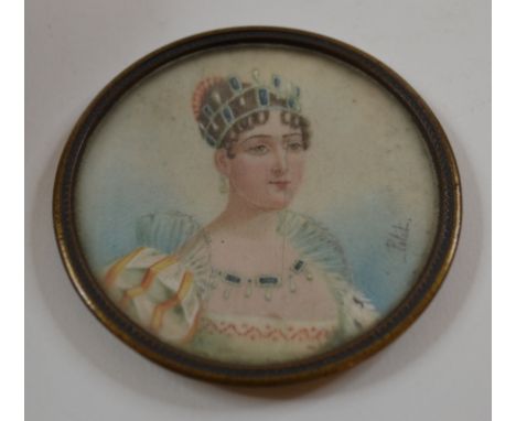 A bust portrait miniature, of Empress Eugenie, signed Petit, 6 cm diameter   Condition report  Cracked