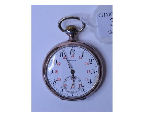 A silver coloured metal Zenith open face pocket watch, in an engine turned case, initialled