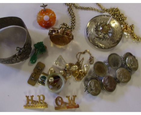 A Scottish silver brooch, a lava bracelet (lacks one panel) and other jewellery