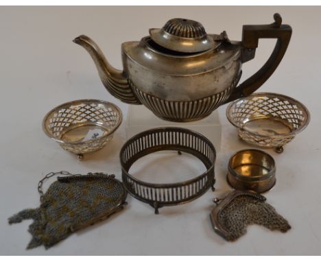 A silver teapot, Sheffield 1915, damages, and other items of silver, approx. 12.5 ozt (all in)
