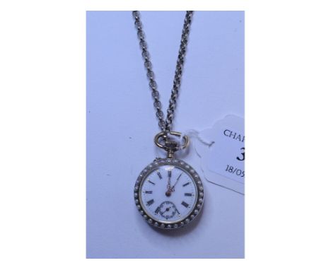 A silver coloured metal, enamel and seed pearl fob watch, on a chain