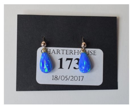 A pair of 9ct gold and Gilson black opal teardrop earrings   Condition report  Modern