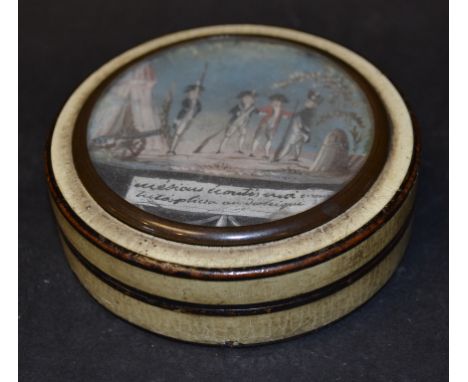 A 19th century box and cover, the cover inset a panel painted French military figures, and an inscription, the base with an o