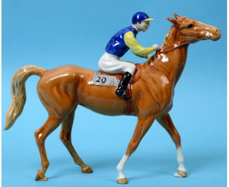 A Beswick Horse and Jockey, walking, light chestnut, the jockey with blue and yellow silks and saddlecloth numbered 20, 1037,