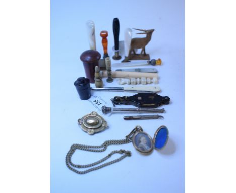 A silver and mother of pearl fruit knife, Sheffield 1908, five seals, and other items (qty)