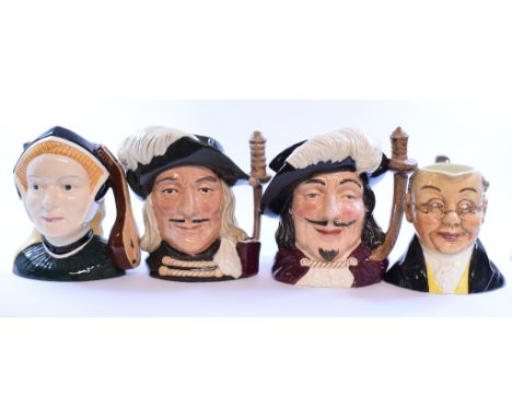 Four Royal Doulton character jugs, other ceramics, a table oil lamp, glass and items (3 boxes)