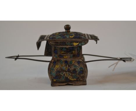 An Eastern silver coloured metal and enamel novelty sedan type chair, with damages and loss, 5 cm high