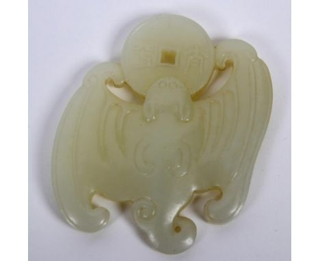A Chinese white jade bat and coin pendant, 6 cm long  See illustration   Condition report  Report by GHOne very small nibble/