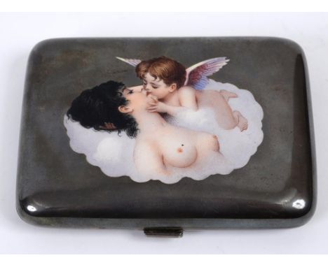 A Continental silver coloured metal and enamel cigarette case, decorated a cherub and a nude lady in a cloud, stamped 900, 9.