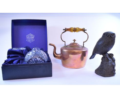 A copper kettle, a Stuart crystal decanter, boxed, a resin owl, other assorted resin and ceramic owls, glass, metalwares and 