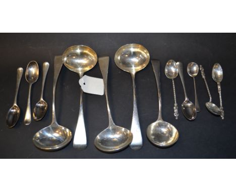 A set of four Victorian Old English pattern silver ladles, initialled, London 1842, another ladle and various spoons, approx.