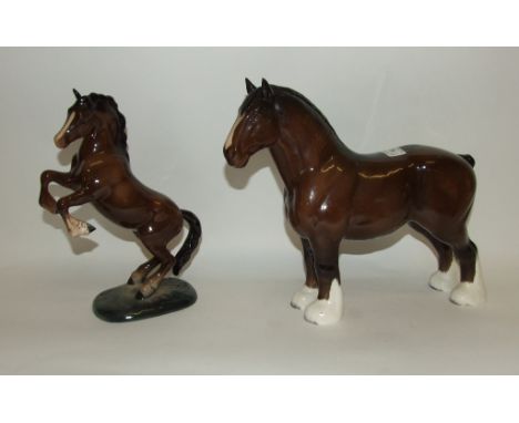 A Beswick Welsh Cob, rearing, 2nd version, brown, 1014, a Shire Horse, Burnham Beauty, brown, 2309, a Hackney Horse, black, 1