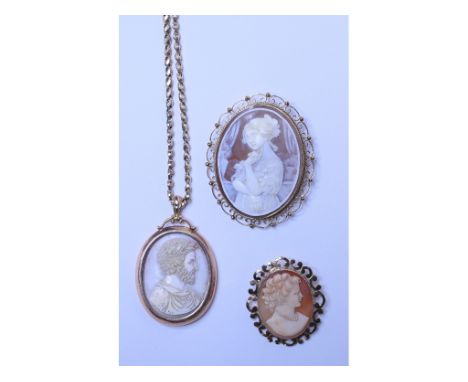 An oval cameo pendant, on a chain, and two cameo brooches   Condition report  Larger oval woman cameo brooch cracked