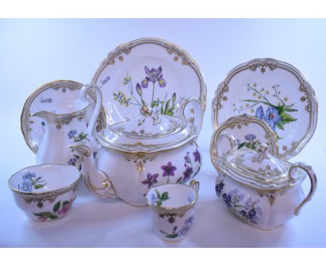 A Spode Stafford Flowers teapot and cover, with a matching sugar box and cover and a milk jug, six matching plates, 24 cm dia