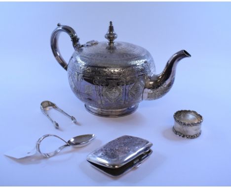 A silver cigarette case, Birmingham 1925, other silver, approx. 3.3 ozt (weighable silver), and an Elkington teapot, and othe