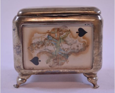 A silver mounted casket, inset with playing cards, London 1898, 8 cm wide   Condition report  Report by RBSome water damage t