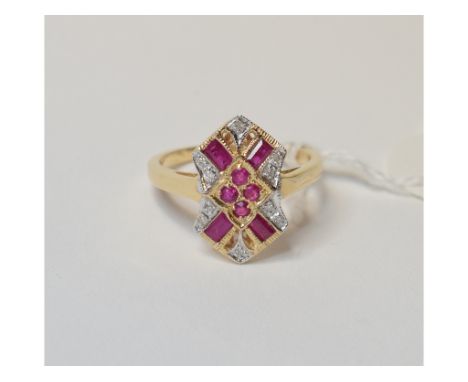 An Art Deco style 9ct gold, ruby and diamond panel ring, approx. ring size N   Condition report  Modern