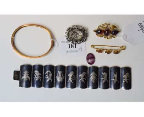 A sterling silver and enamel bracelet, other brooches and bangles (qty)