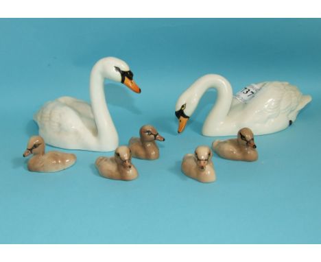 A Beswick Swan, head up, 1684 (chip to tail), another, head down, 1685, and five cygnets, 1686 x 3 and 1687 x 2, all gloss (7