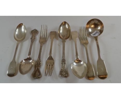 A Victorian silver fiddle pattern ladle, initialled, London 1846, and other silver flatware, approx. 14.7 ozt